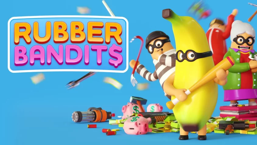 Обложка игры Rubber Bandits с бананом и ворами