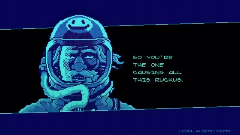 Сцена с диалогом в RunGunJumpGun — столкновение с врагом