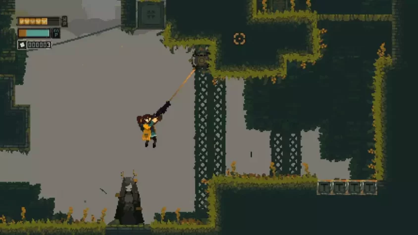 Герой игры Rusted Moss висит на веревке, готовый к действию