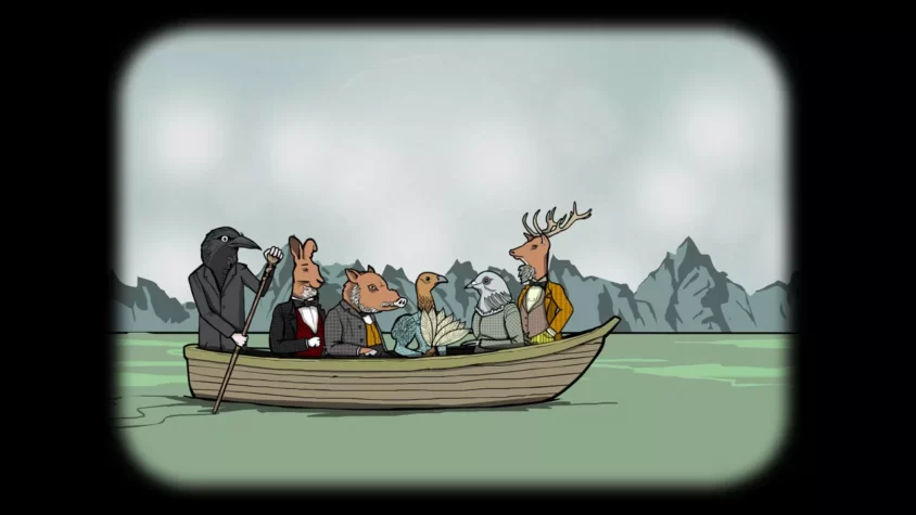 Персонажи, выполненные в виде животных, плывут на лодке по озеру в игре Rusty Lake Hotel