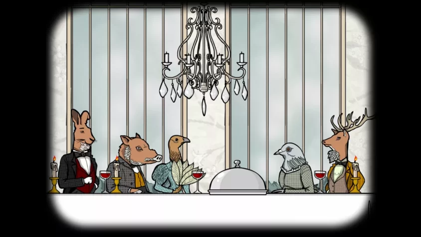 Животные в костюмах сидят за ужином в ресторане отеля Rusty Lake, с бокалами вина и под свечами