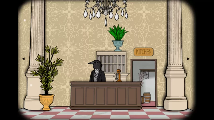 Ворона на ресепшн отеля Rusty Lake стоит за стойкой, а в заднем плане видна кухня