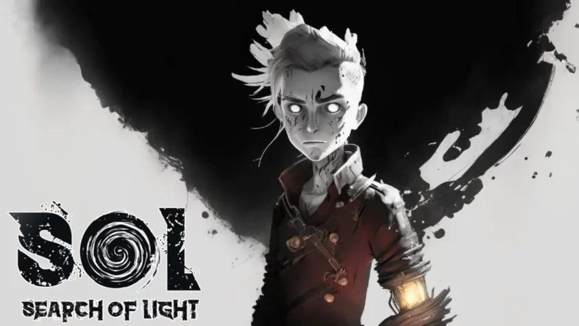 Обложка игры S.O.L Search of Light. Главный герой с механической рукой и выцветшими глазами.