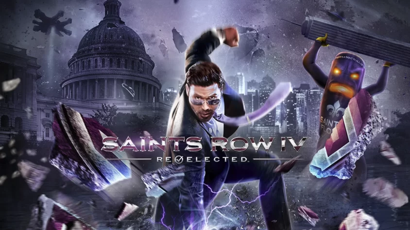 Saints Row IV: Re-Elected — Обложка Обложка игры Saints Row IV: Re-Elected, главный герой в костюме, летающий среди разрушений