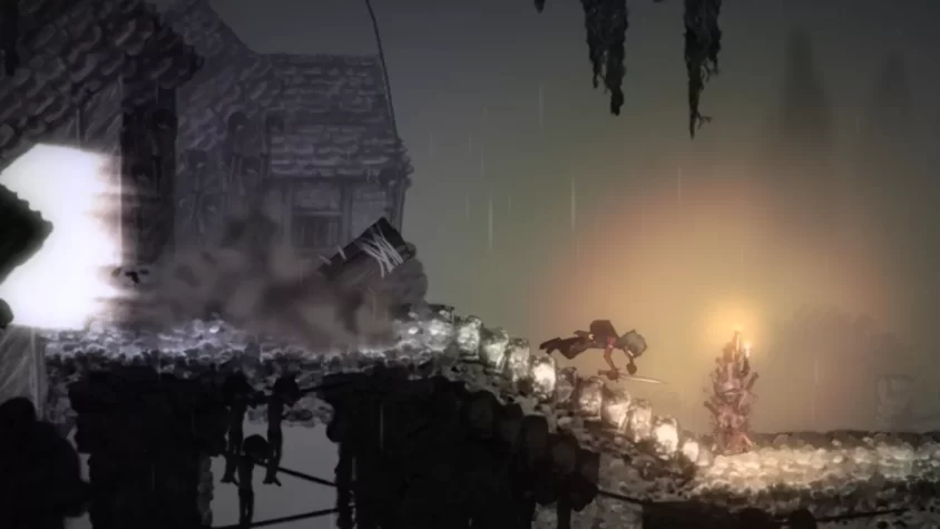 Персонаж с мечом на разрушенном мосту в Salt and Sanctuary