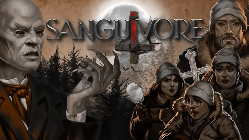 Обложка Sanguivore: Twenty Below Обложка игры, где главный антагонист выглядит как утончённый вампир-старик с безумным выражением лица
