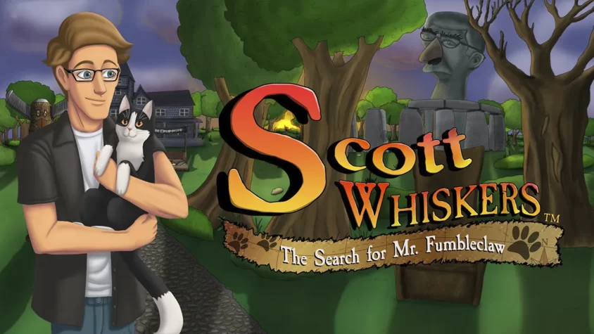 Обложка игры Scott Whiskers in: the Search for Mr. Fumbleclaw Обложка игры Scott Whiskers in: the Search for Mr. Fumbleclaw с персонажем, держащим кота