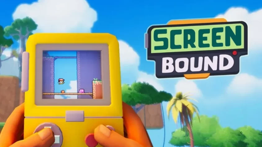 Cover игры Screenbound Обложка игры Screenbound, выполненная в стиле пиксельной графики с ярким и игривым дизайном