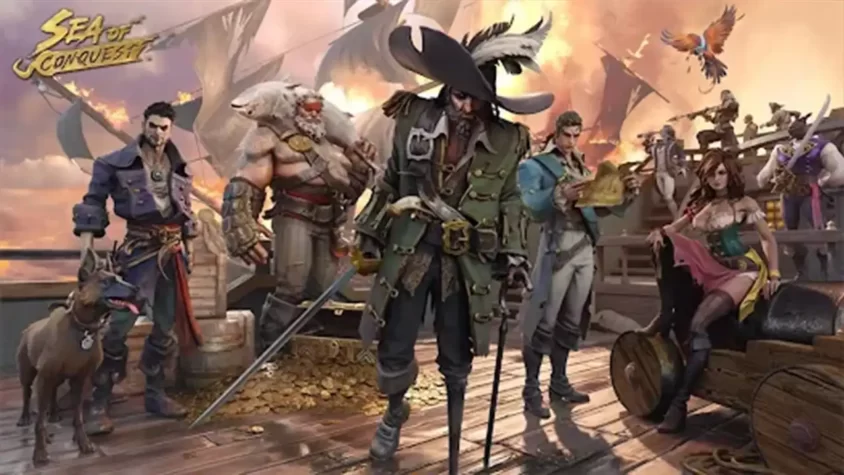 Обложка игры Sea of Conquest с пиратами на фоне бушующего моря