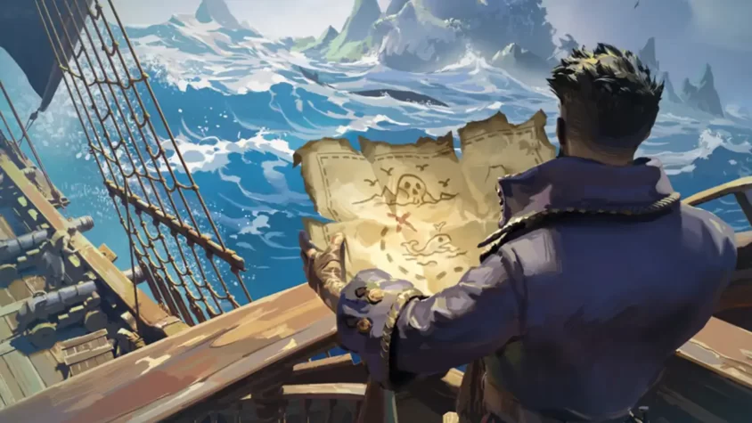 Персонаж с картой на фоне бушующего моря в Sea of Conquest