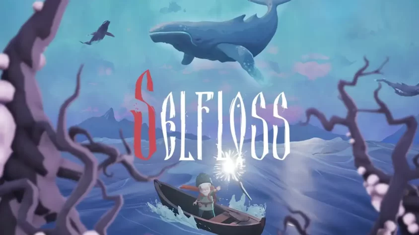 Обложка игры Selfloss с персонажем на лодке и китом в небе