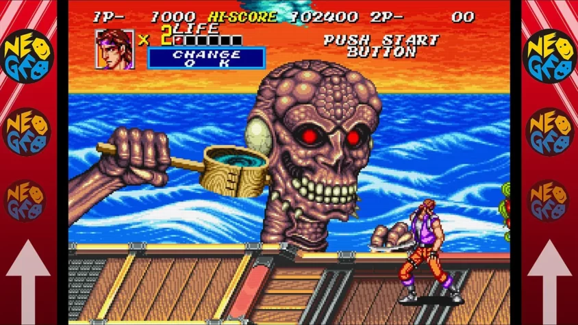 Гигантский череп с рукой, сражающийся с главным героем на корабле в Sengoku 2