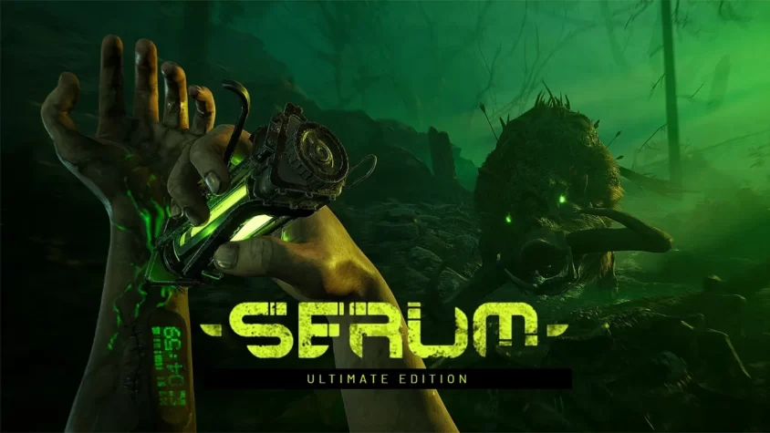 Обложка игры Serum с таинственным мутантом и загадочной рукояткой