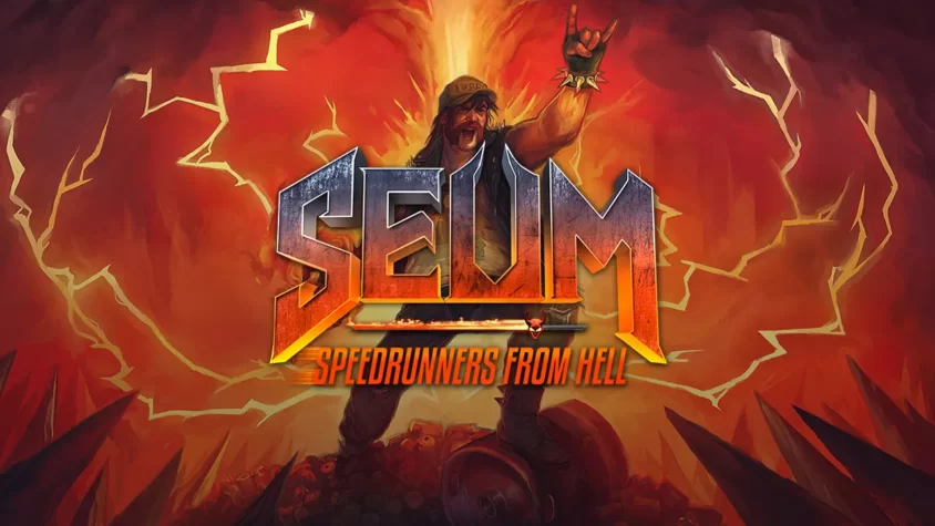 Обложка игры SEUM: Speedrunners from Hell с ярким фоном и главным героем, который отдает дань рок-н-роллу
