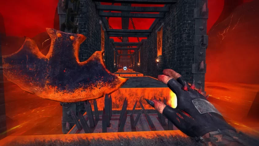 Процесс игры в SEUM: Speedrunners from Hell с лавой, шипами и огромным топором на пути героя