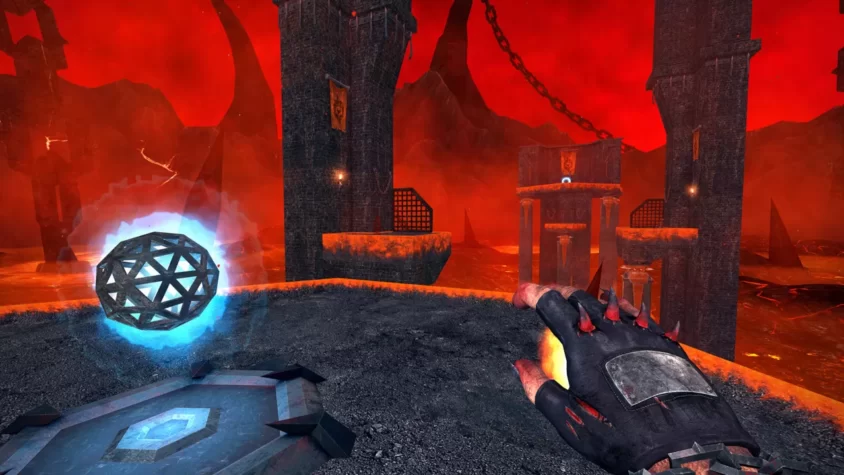 Герой игры SEUM: Speedrunners from Hell с огненным шаром на фоне лавы и разрушенных башен