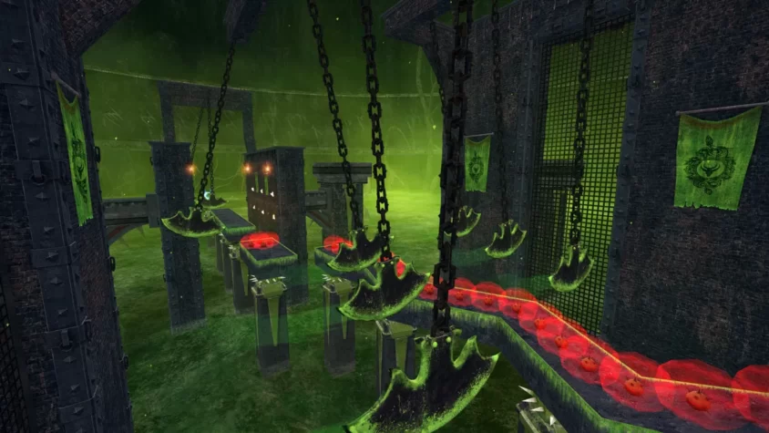 Опасная ловушка в SEUM: Speedrunners from Hell с лезвиями и ядовитой зеленой жидкостью