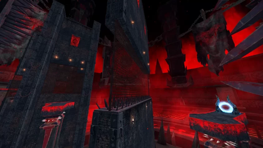 Процесс игры SEUM: Speedrunners from Hell с гигантскими шипами и кроваво-красным фоном