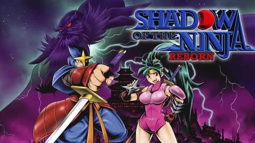 Shadow of the Ninja Reborn — обложка Обложка игры Shadow of the Ninja Reborn, два ниндзя в ярком ретро-стиле против гигантского темного существа