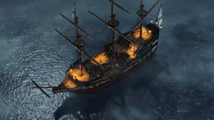 Геймплей из Shadow Tactics: Aiko’s Choice, корабль на фоне тумана