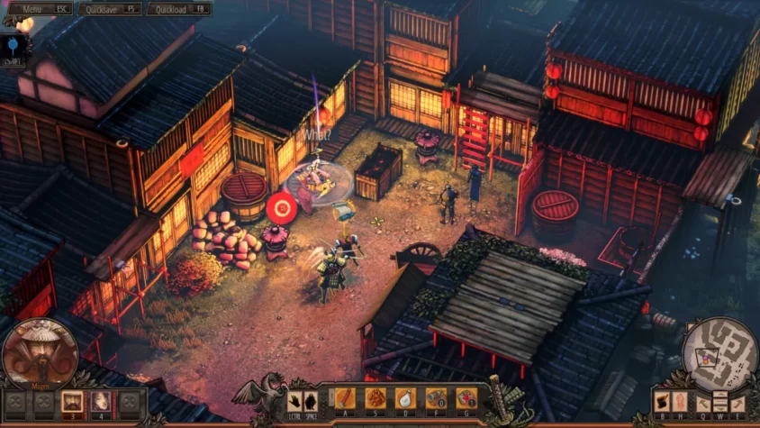 Геймплей из Shadow Tactics: Aiko’s Choice, напряжённая ситуация в деревне