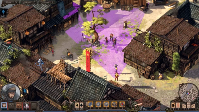 Геймплей из Shadow Tactics: Aiko’s Choice, персонажи в опасной ситуации