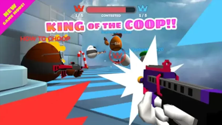 Игровой момент в Shell Shockers с появлением надписи 'KING OF THE COOP!' и битвой между яйцами
