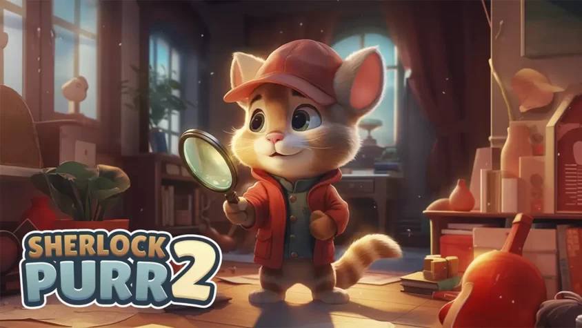 Sherlock Purr 2 — Обложка игры Главный герой — кот в шляпе и с лупой, готовый раскрывать загадки