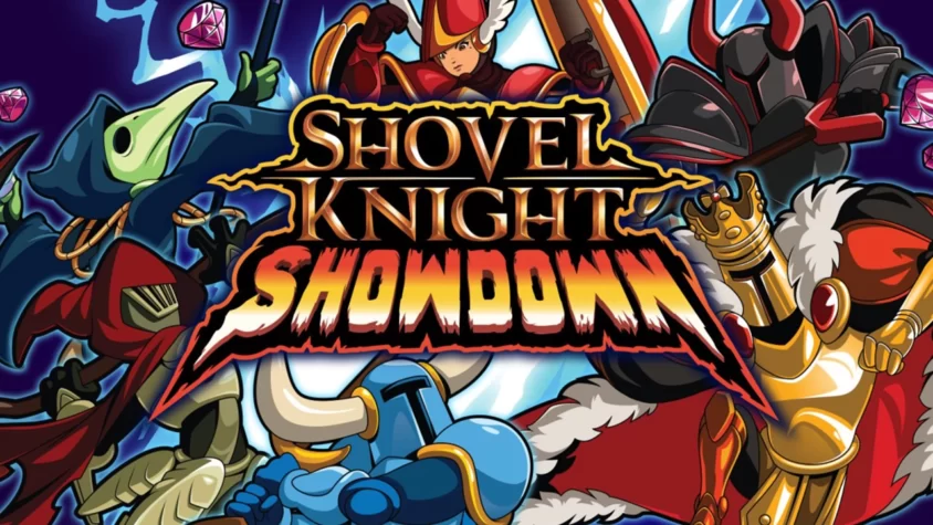 Обложка игры Shovel Knight Showdown с персонажами в боевой стойке