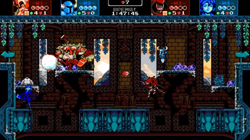 Геймплей Shovel Knight Showdown с игроками, сражающимися на фоне разрушенного замка
