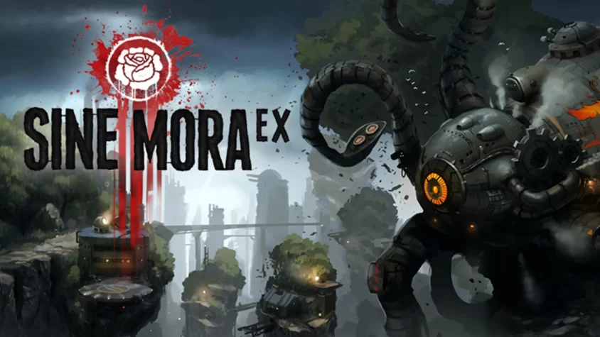 Обложка игры Sine Mora Ex, с гигантским механическим осьминогом и разрушенным фоном