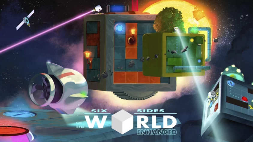 Обложка игры 'Six Sides of the World' с изображением куба в космосе