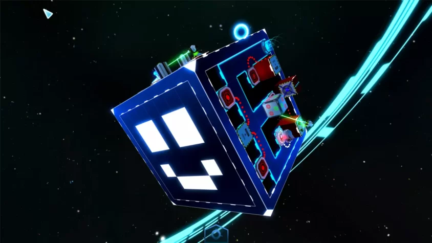 Геймплей игры 'Six Sides of the World' с кубом, на котором расположены различные механизмы