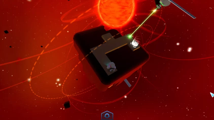 Геймплей игры 'Six Sides of the World' с кубом, окружающим яркое солнце