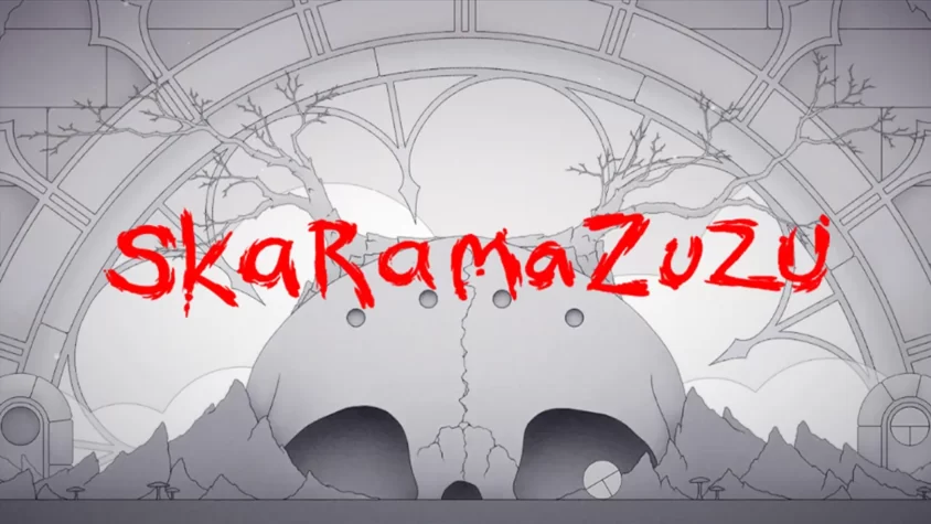 Обложка игры Skaramazuzu, черно-белый стиль с красным текстом