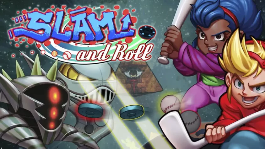 Обложка игры Slam and Roll с изображением персонажей и робота, готового к действию