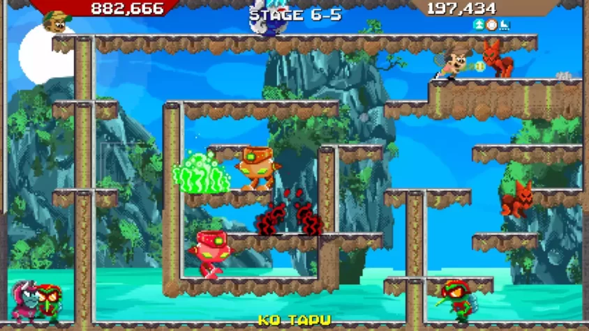 Персонажи играют в Slam and Roll на платформах с препятствиями