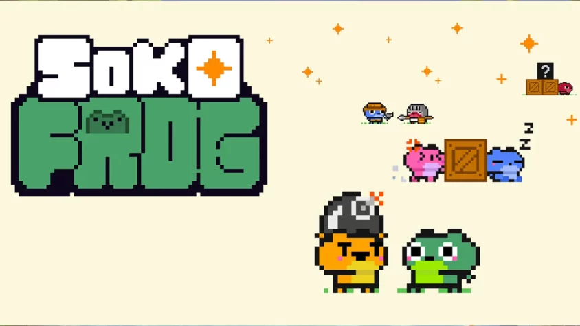 Обложка игры SokoFrog Обложка игры SokoFrog с милыми пиксельными персонажами