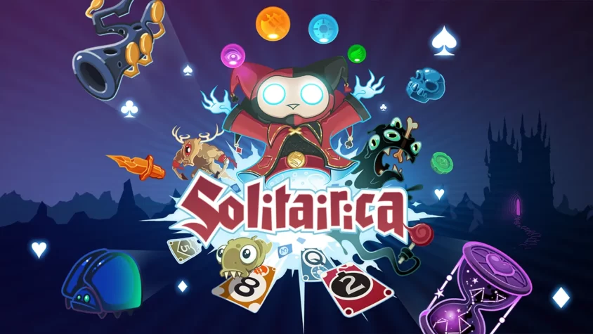Обложка игры Solitairica с магическим персонажем и множеством ярких элементов