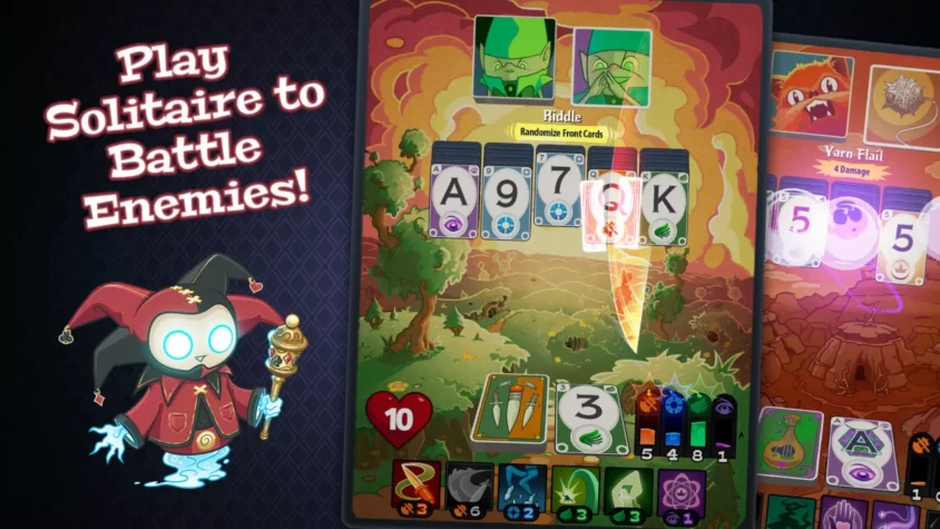 Геймплей игры Solitairica, сражение с врагами с помощью карт