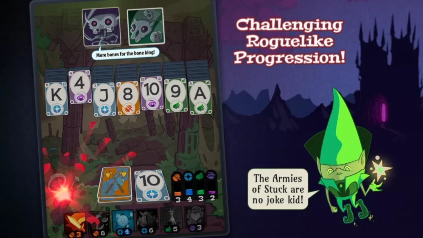 Геймплей игры Solitairica с прокачкой и боем против армий скелетов