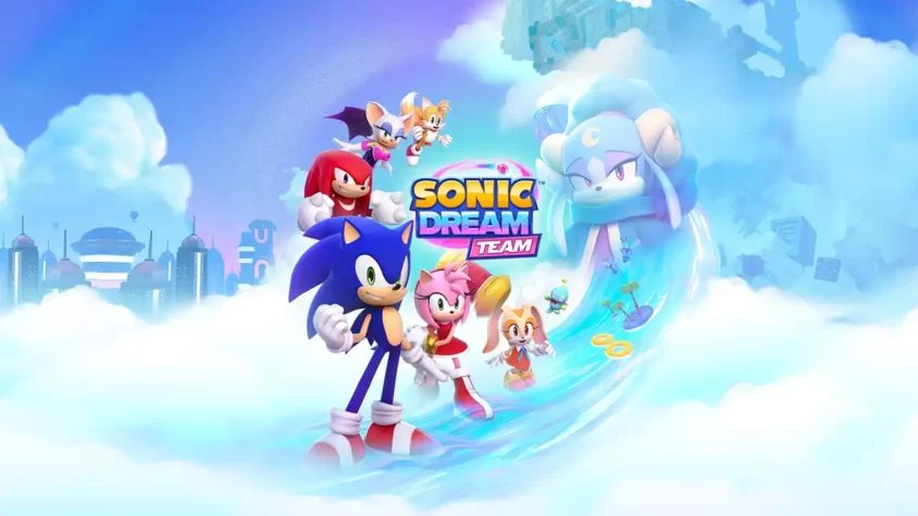 Обложка игры Sonic Dream Team с героями на фоне облаков и футуристичного города