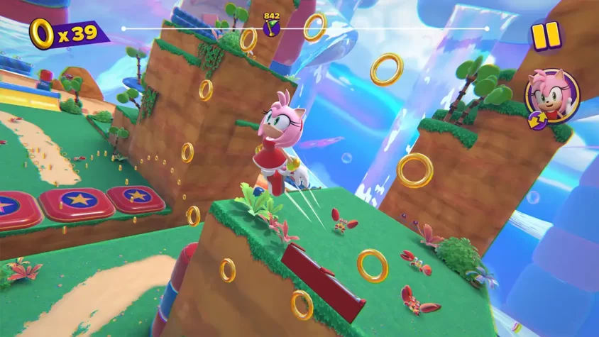 Скриншот с Sonic, мчащимся по зеленому уровню в классическом стиле игры
