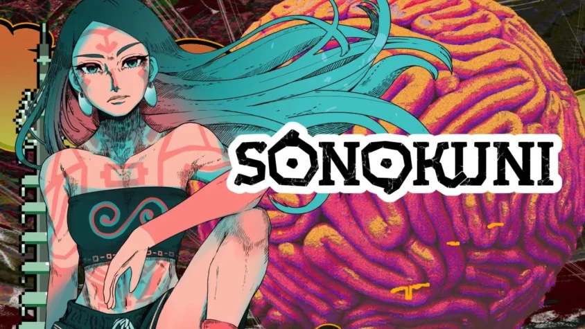 Обложка игры Sonokuni. Девушка с татуировками и разноцветными волосами на фоне ярких абстрактных элементов.