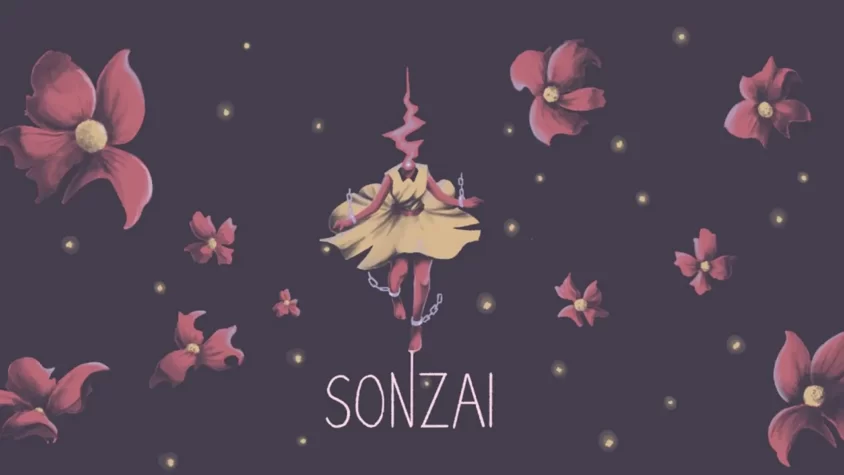 Обложка игры Sonzai. Стильная, как утренний кофе, с цветами, атмосферой и загадочной фигурой в центре.