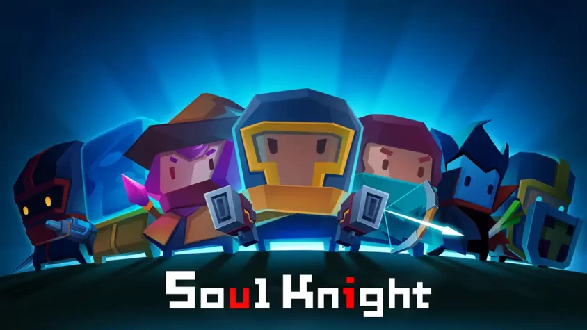 Обложка игры Soul Knight, изображающая несколько героев с ярким фоном