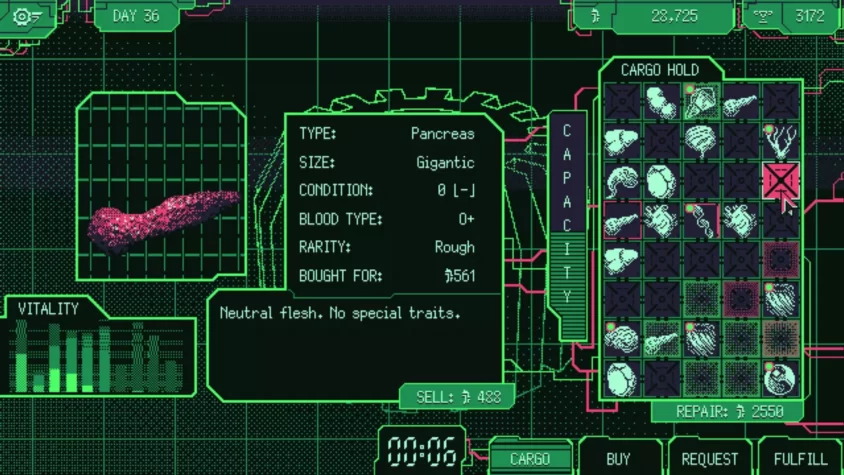 Интерфейс игры Space Warlord Organ Trading Simulator с панкреасом