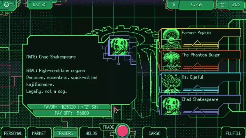 Интерфейс игры Space Warlord Organ Trading Simulator с трейдерами