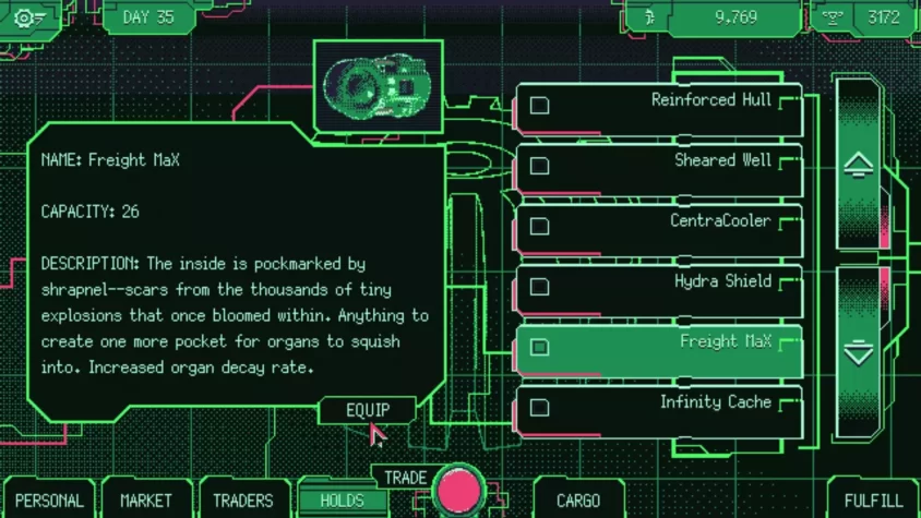 Интерфейс игры Space Warlord Organ Trading Simulator с транспортом Freight MaX