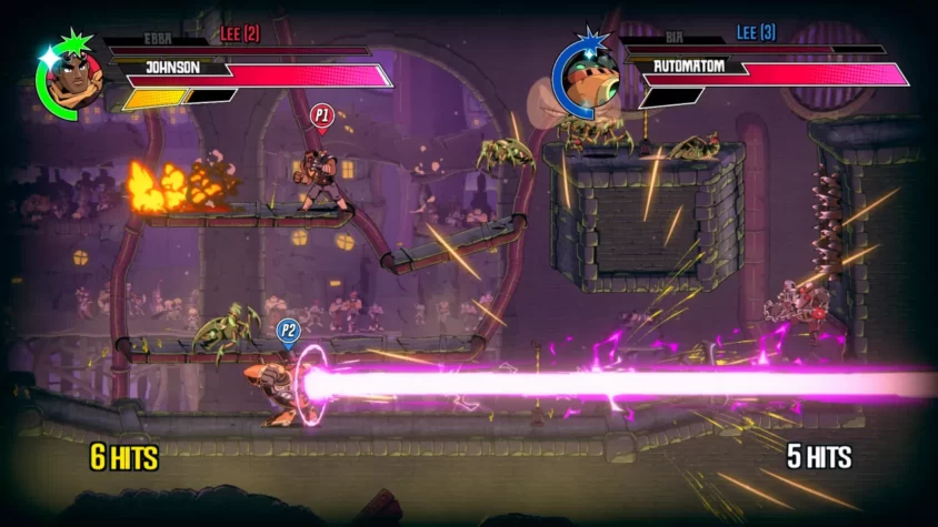 Боевая сцена в игре Speed Brawl с участием двух персонажей и лазерным оружием